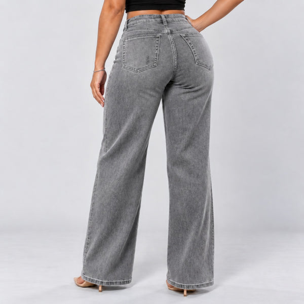 Gray jeans, Back three-quarter, hand on hip
