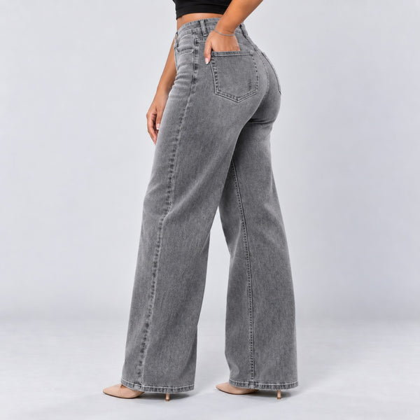 Gray jeans, Back three-quarter, hand in pocket