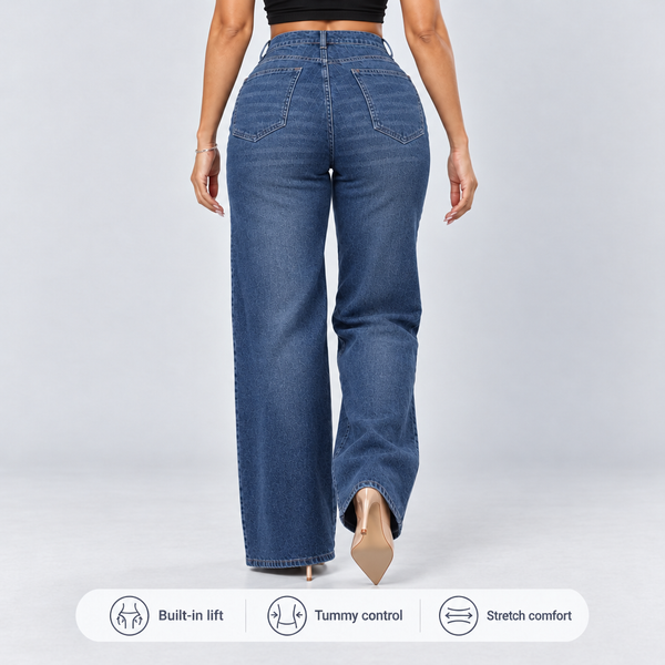Medium Blue jeans, Back view, walking